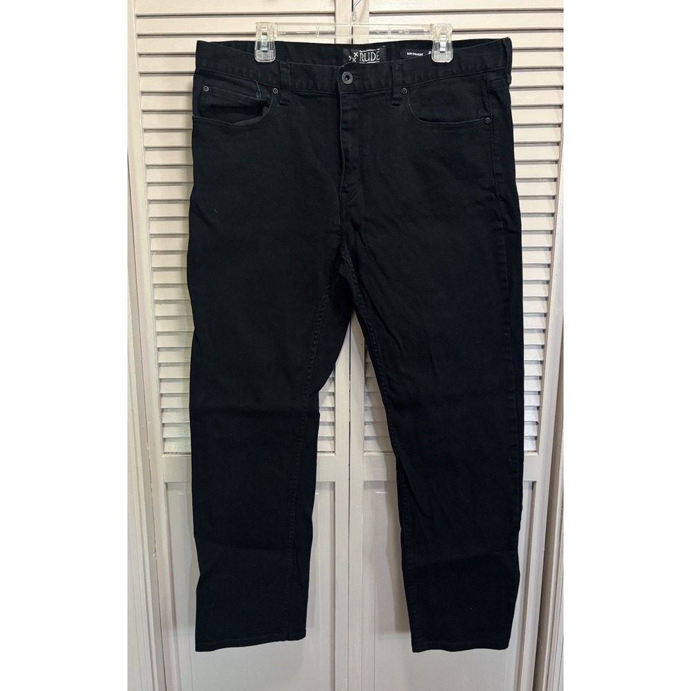 Rude Slim Straight Jeans Mens 36x32 Black Mid Rise Button Zip Pocket